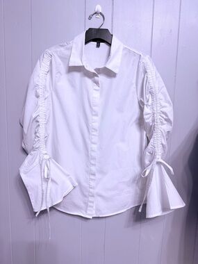 #15)  100% Cotton Madison White Button-Down Blouse with Ruched Sleeve Details